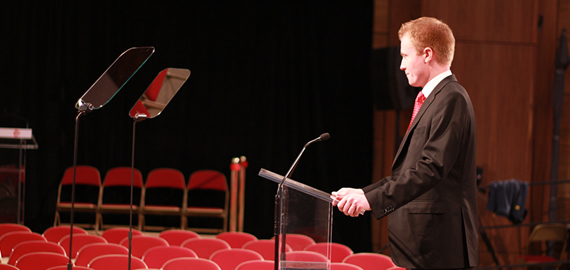 Image of a Speaker Rehearsing with Our Equipments